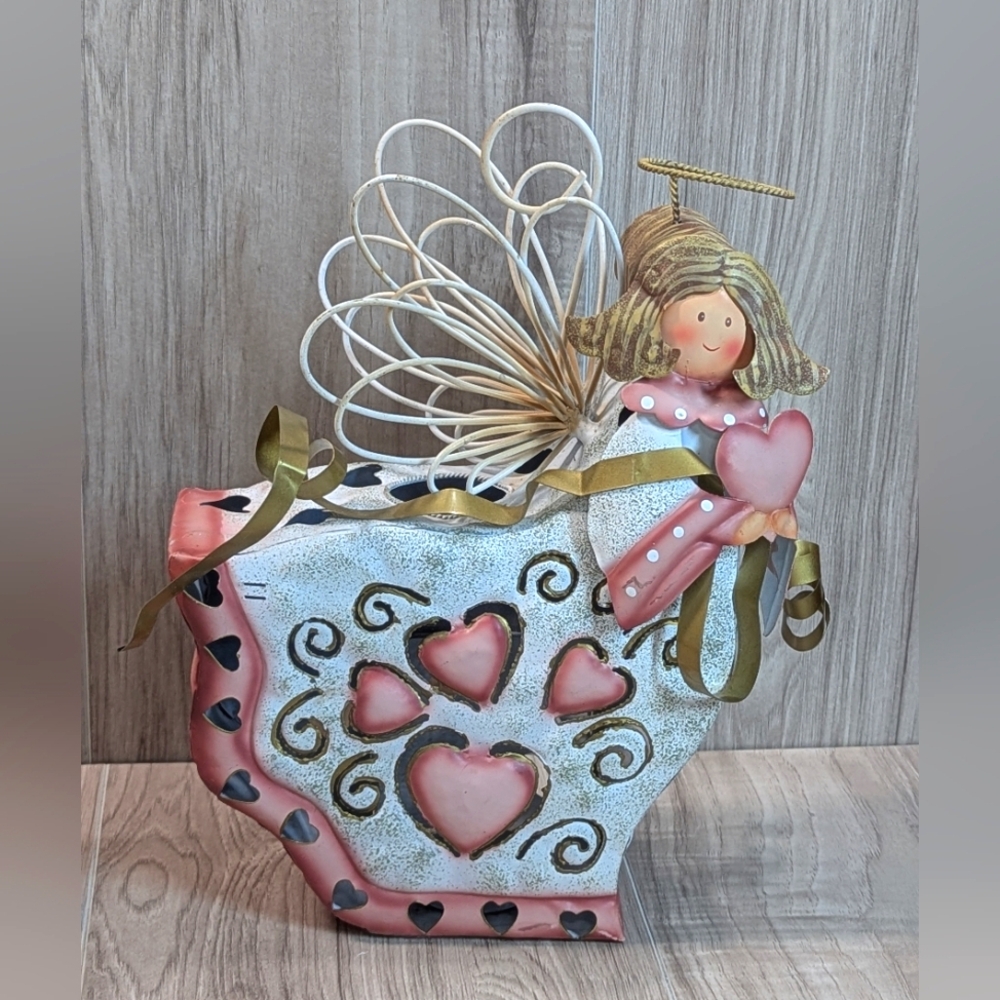 Angel of Hearts Lantern Tin Angel Tea Light Votive Candle Holder Decor Pink Gold